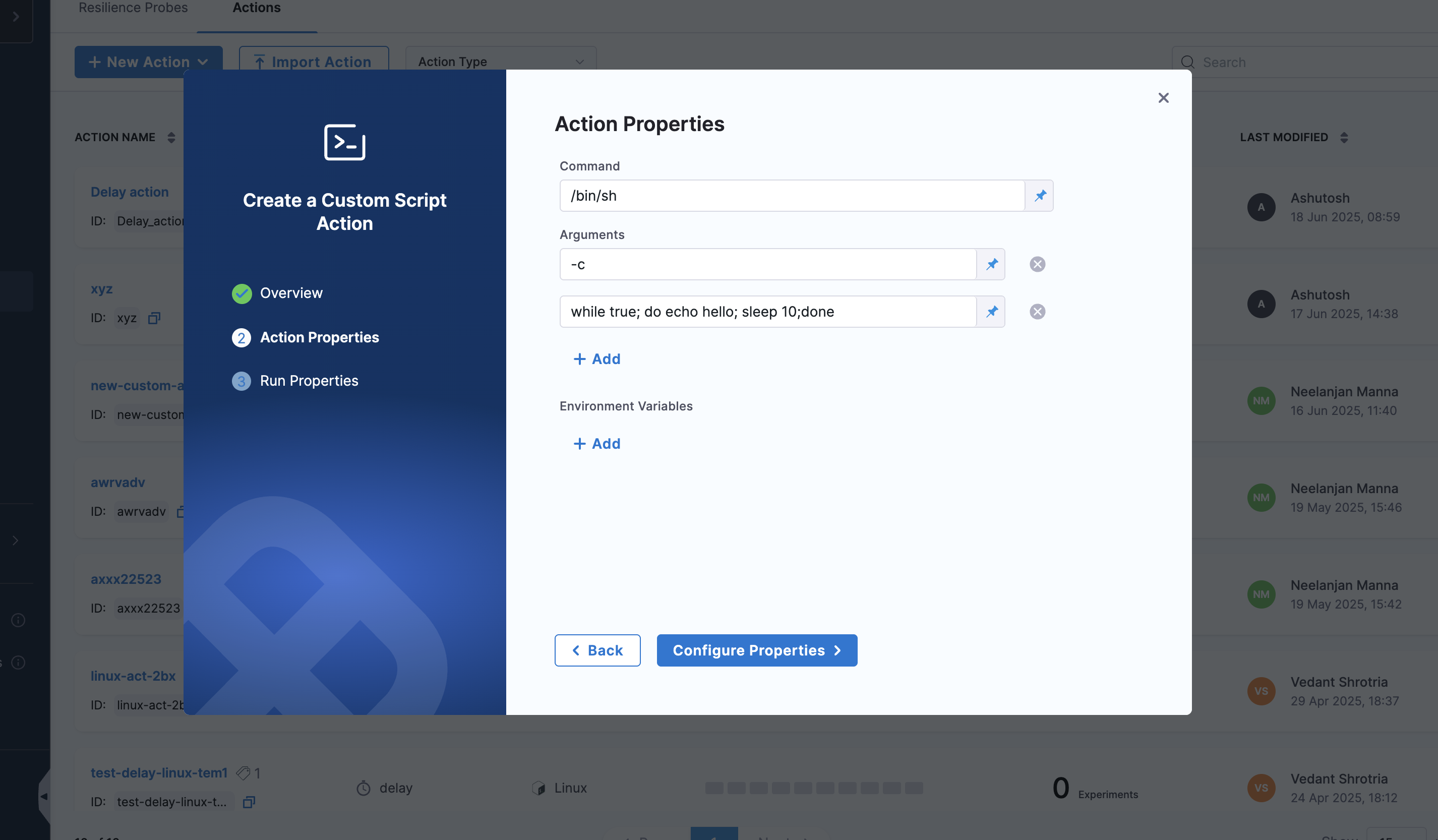 custom script action properties