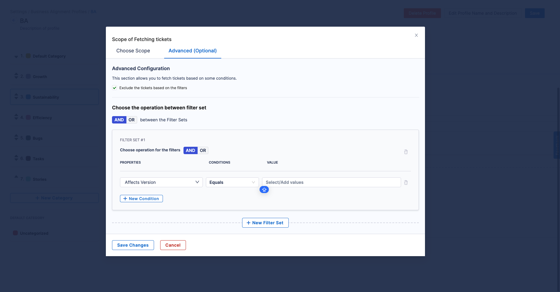 Advanced Options for Filter Sets